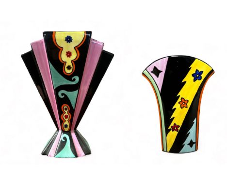 Pauline Tomkinson hand painted Clarice Cliff reproduction style fan shaped vase. Plus, smaller similar design vase. Both sign