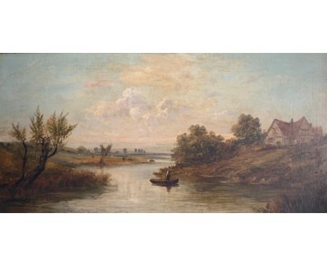William McEvoy (Irish, 1858-1880), large oil on canvas of a rural riverside landscape. Signed to lower right, in large gilt f