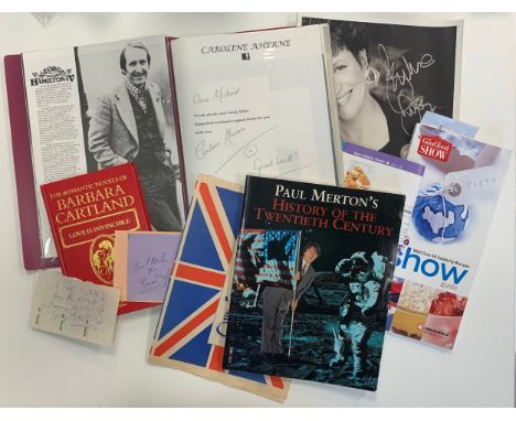 Showbiz autograph collection to include; Barbara Cartland signed Love is Invincible, Dean Friedman, Paul Merton, Caroline Ahe
