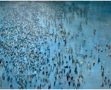 Karen Brighton (British, Contemporary), extensive large-scale oil on canvas crowd scene. Signed and dated in pencil to revers