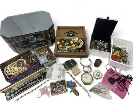 A quantity of jewellery, mostly costume, some cultured pearl necklaces, hardstone jewellery, a box of mixed unsorted earrings