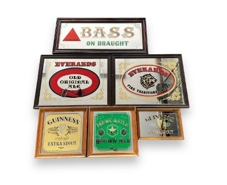 Six Vintage Alcoholic Drinks Mirror Signs. Guinness (x2), Newcastle Brown Ale, Bass draught and Everards (x2). All framed, no