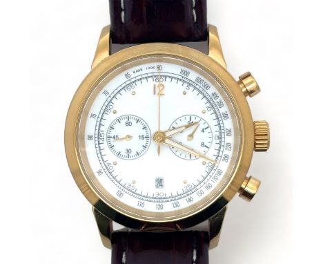 A quartz Mercedes Benz Retrograph chronograph watch. White dial with Arabic numerals, tachymeter scale and two sub dials. Wat