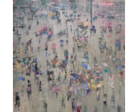 Karen Brighton (British, Contemporary), oil on canvas crowd scene (2011). Framed. Signed and dated in pencil to reverse, Janu