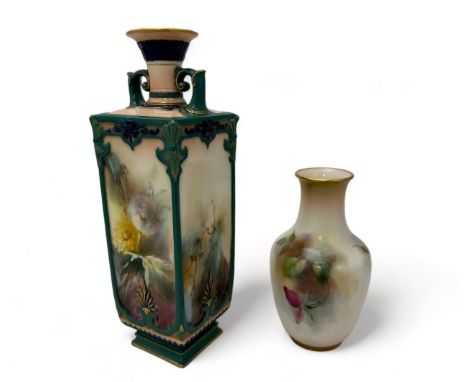 Royal Worcester, James Hadley Worcester square form vase, circa 1870-1895 together with small Worcester vase dated 1912.