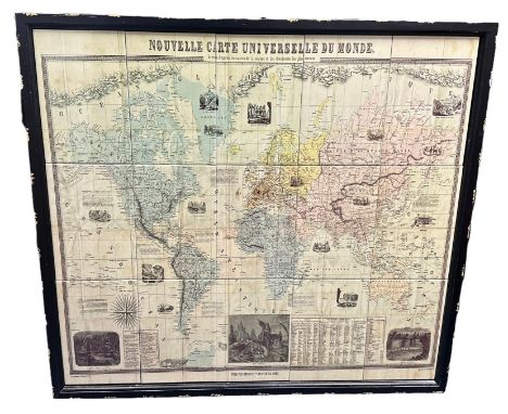 Framed Ceramic Tiled French Map of the World. French translation is "New Universal Map of the World", drawn according to nava