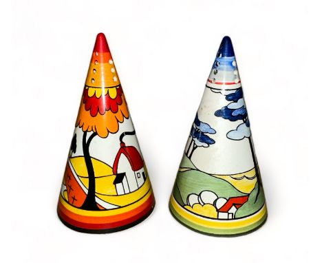 Bradford Exchange reproduction Clarice Cliff conical sugar sifters in the Blue Firs and House and Bridge pattern. Marked to b