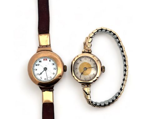 Two vintage watches. A half hunter style watch in yellow metal case and brown leather strap, 24g. And a hallmarked 9ct gold m