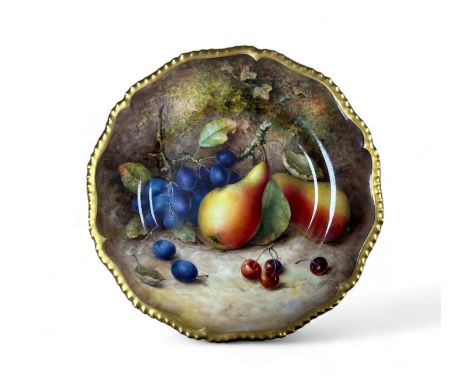 Royal Worcester, Richard Sebright for Royal Worcester cabinet plate, scalloped form, painted with pears, grapes and cherries 