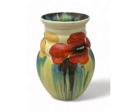 Clarice Cliff, a Clarice Cliff for Newport Pottery Bizarre poppy vase, decorated with red and yellow poppies, shape 358. Heig