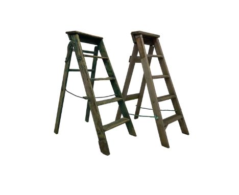 Simplex - early 20th century painted pine library or shop step ladder, five tread, with cast iron stop mechanism and hinges, 