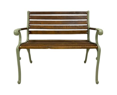 Cast iron and wooden slatted garden bench, green finished ends with scrolling decoration Dimensions: Height:&nbsp;84cm&nbsp; 