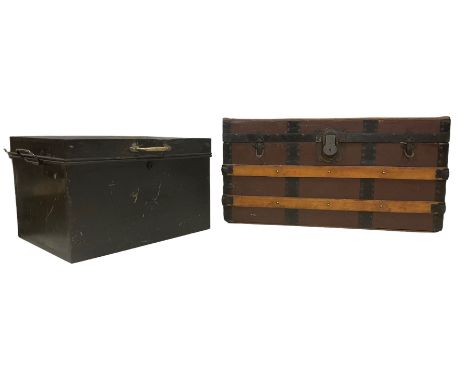 Early 20th century wood and metal bound traveling trunk (W77cm D42cm H40cm); and a small black painted metal trunk or box wit