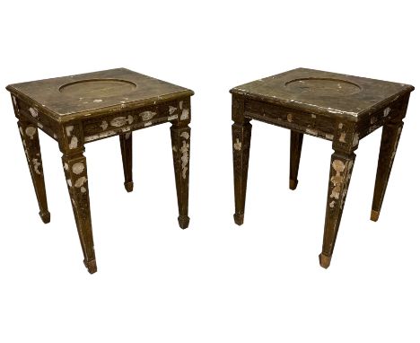 Pair of 20th century giltwood and gesso vase or lamp side table, the moulded square top with circular central recess, decorat