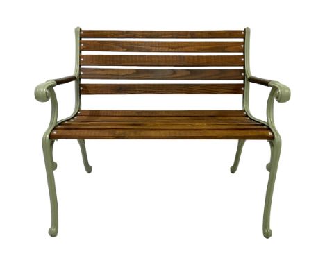 Cast iron and wooden slatted garden bench, green finished ends with scrolling decoration Dimensions: Height:&nbsp;84cm&nbsp; 