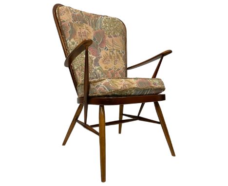 Ercol - mid-20th century beech 'Tall Back Easy Armchair', with upholstered seat and back cushion in floral designDimensions: 