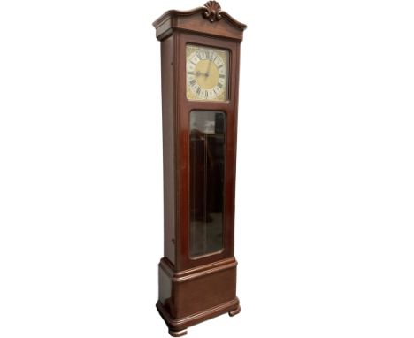 20th century  mahogany cased Longcase clock -  shaped pediment with a  carved shell motif, fully glazed door on a stepped pli