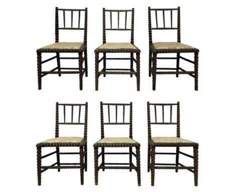Set six early 20th century stained beech bobbin-turned chairs, upholstered in pale gold chenille fabric decorated with floral