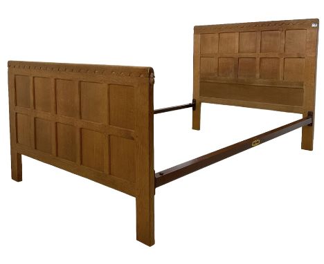 Mouseman - 4' small double bedstead, the head and footboard panelled with arcade carved cresting rail, carved with mouse sign