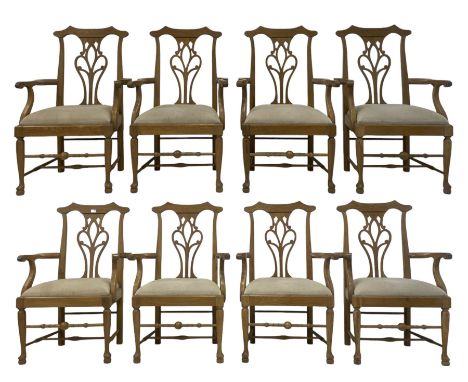 Set eight light oak Chippendale design carver dining chairs, shaped cresting rail with pierced and scrolled splat backs, upho