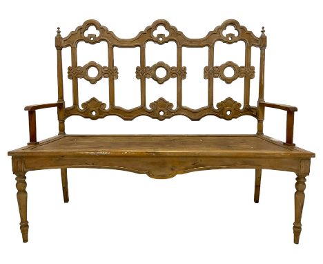 French Gothic design pine bench, open back pierced and carved with scrolls, on turned front supportsDimensions: Height:&nbsp;