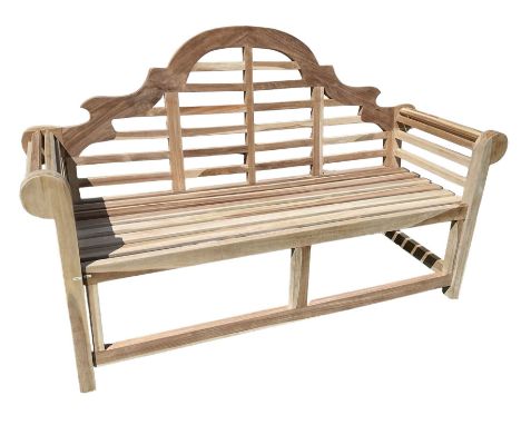 Lutyens design teak garden bench, shaped back over strap seat and scrolled armsDimensions: Height:&nbsp;105cm&nbsp; Length/Wi