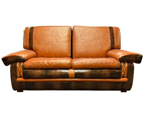 Formitalia - two seat sofa upholstered in orange leather with crocodile skin design patent trimming, padded arm rests above g