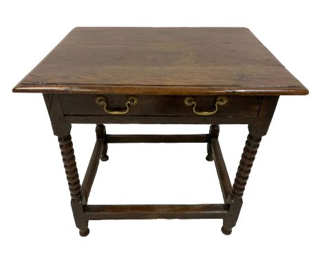 18th century oak side table, figured moulded rectangular top over single drawer, on bobbin turned supports joined by plain st