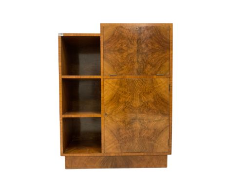 Art Deco walnut combination bookcase and correspondence bureau, fitted with fall-front enclosing fitted interior with drawer,