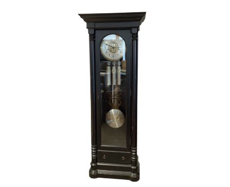 German - Hermle 'Nicolette' contemporary 8-day chiming longcase clock, ebonised case with a flat topped pediment and deep cor