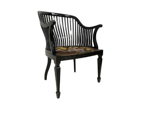 Early 20th century ebonised elbow chair, arched cresting rail with slat back, seat upholstered in foliate tapestry fabric wit