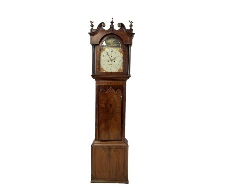 William Hellewell of Leeds - Mid 19th century mahogany 8-day longcase clock, with a swans neck pediment and finials, break ar