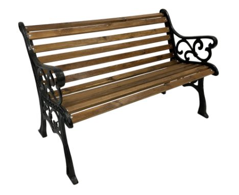 Black painted cast iron and wood slated garden bench Dimensions: Height:&nbsp;80cm&nbsp; Length/Width:&nbsp;124cm&nbsp; Depth
