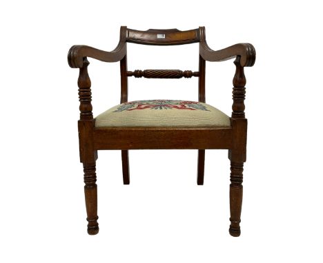 Regency mahogany elbow chair, rope-twist centre rail flanked by scrolled arm terminals, drop-in seat upholstered in floral ta