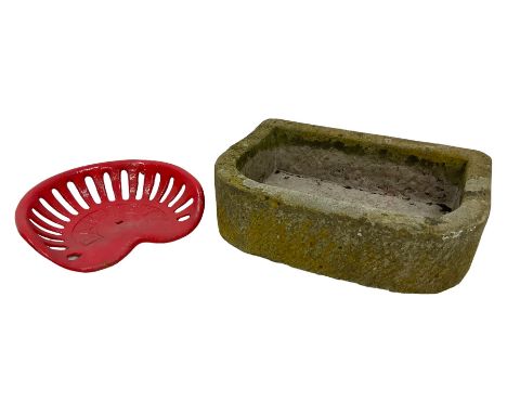 Small 19th century weathered sandstone D-shaped shallow trough (56cm x 40cm, H17cm); and a 'Bamlet' vintage tractor seat in r