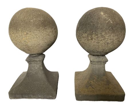Pair of cast stone spherical ball garden finials or gate post topsDimensions: Height:&nbsp;60cm&nbsp; Depth/Diameter:&nbsp;35