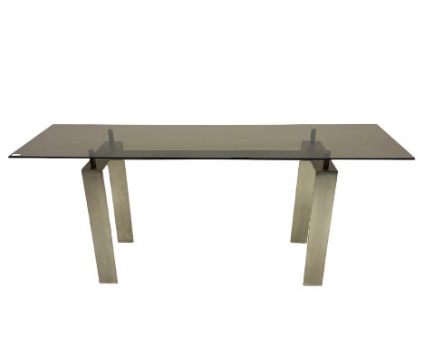 Contemporary console table, rectangular smoked glass top on brushed steel supportsDimensions: Height:&nbsp;75cm&nbsp; Length/