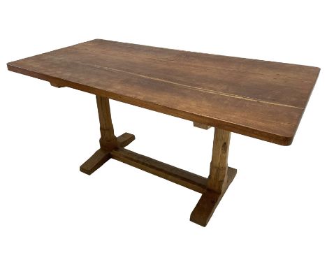 Rabbitman - oak dining table, rectangular adzed top with rounded corners, twin octagonal pillar supports on sledge feet joine