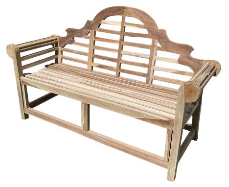 Lutyens design teak garden bench, shaped back over strap seat and scrolled armsDimensions: Height:&nbsp;105cm&nbsp; Length/Wi