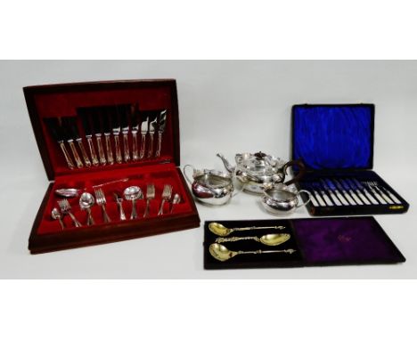Three piece Epns teaset, together with cased sets of flatware and a canteen of cutlery, together with a Royal Worcester porce