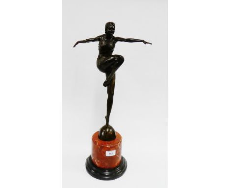 French bronze Art Deco style figure, after J. Philipp on red hardstone base, 56cm high