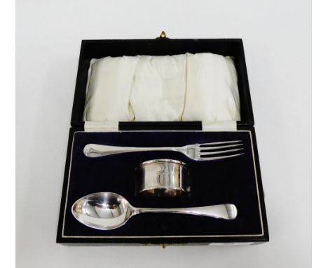 George V silver fork, spoon and napkin ring set in leather fitted case, Birmingham 1929  