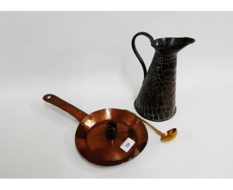 Copper chamber stick, jug and brass sauce ladle, (3) 