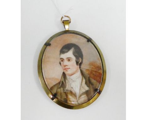 After Nasmyth, oval watercolour portrait miniature of Robert Burns, in a glazed and brass frame, 9 x 7.5cm 