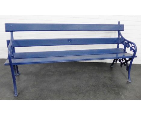 Blue painted wooden and cast iron garden bench, 78 x 184cm