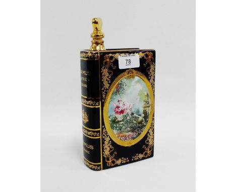 Limoges porcelain liquor flask in the form of a book with a heart shaped stopper, 25cm high