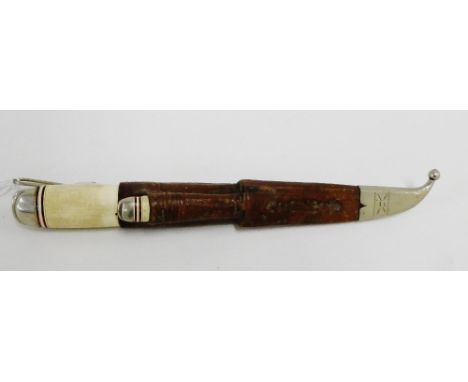 Scandinavian bone and amber handled hunting knife in a leather sheaf, together with a small fruit knife, overall length 22cm