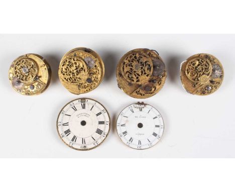 An early 18th century white enamelled pocket watch dial with black Roman hour numerals, outer Arabic minutes and date apertur