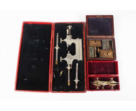 A late 19th century Swiss watchmaker's 'Tour a Pivoter' jacot tool, within fitted leather case, length 27cm, together with a 