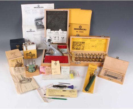 A collection of Bergeon watchmaking tools, comprising a Bergeon Seitz jewelling tool set, No. 30300, cased, set of mainspring